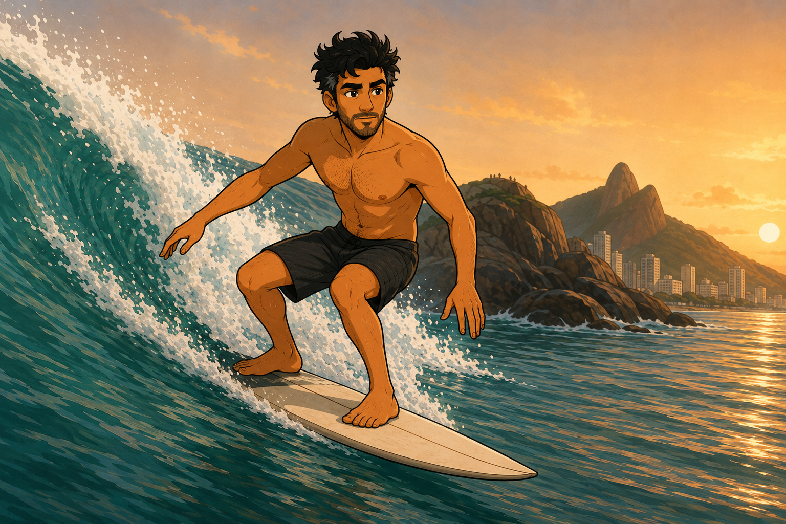 Brazólio surfa uma onda inteira ao entardecer, com o mar do Rio de Janeiro e os prédios da orla ao fundo.